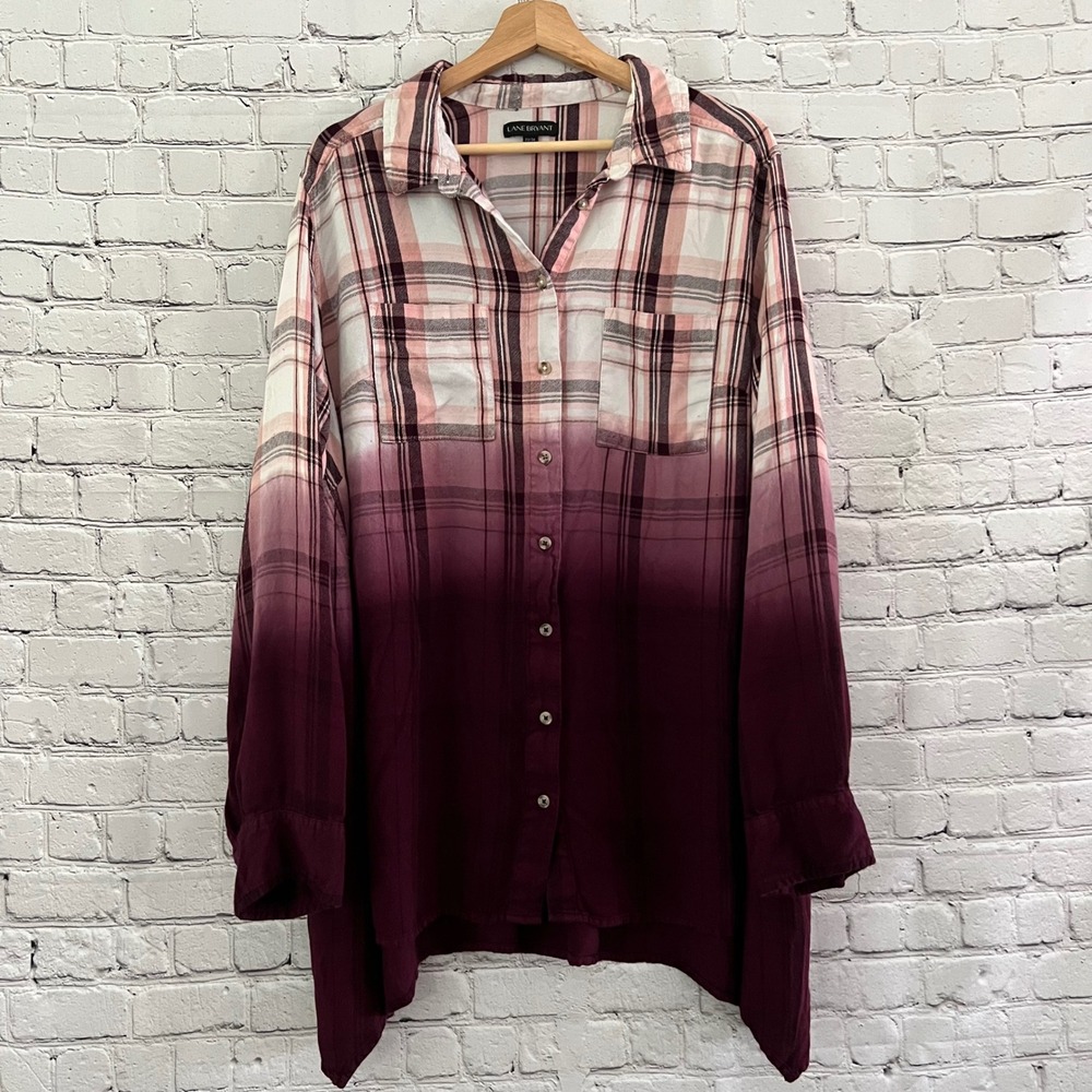 Lane Bryant Women's Sz 22/24 Pink Burgundy Plaid Flannel Ombre Button Down Shirt